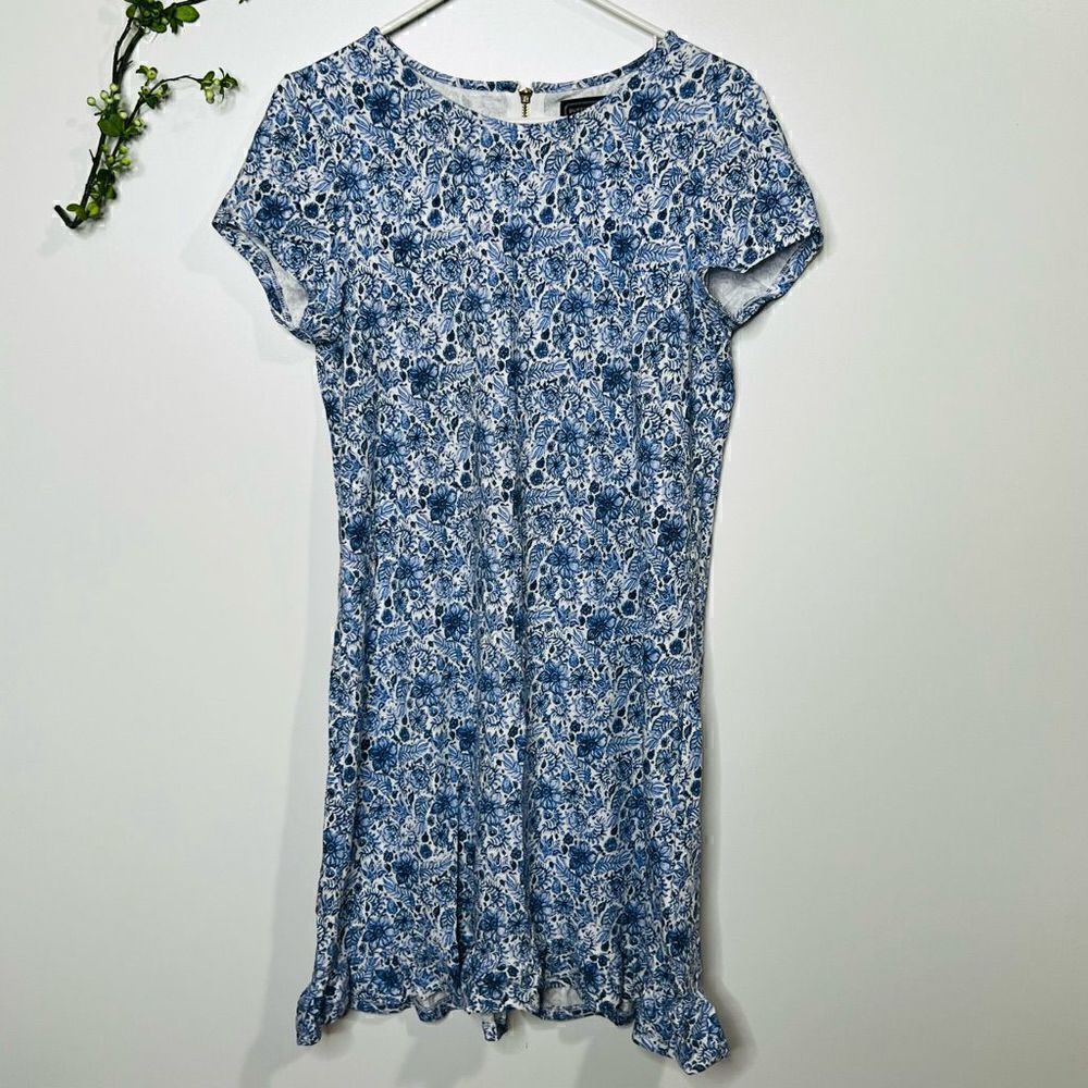 Duffield Lane Blue White Floral Dress Ruffle Hem